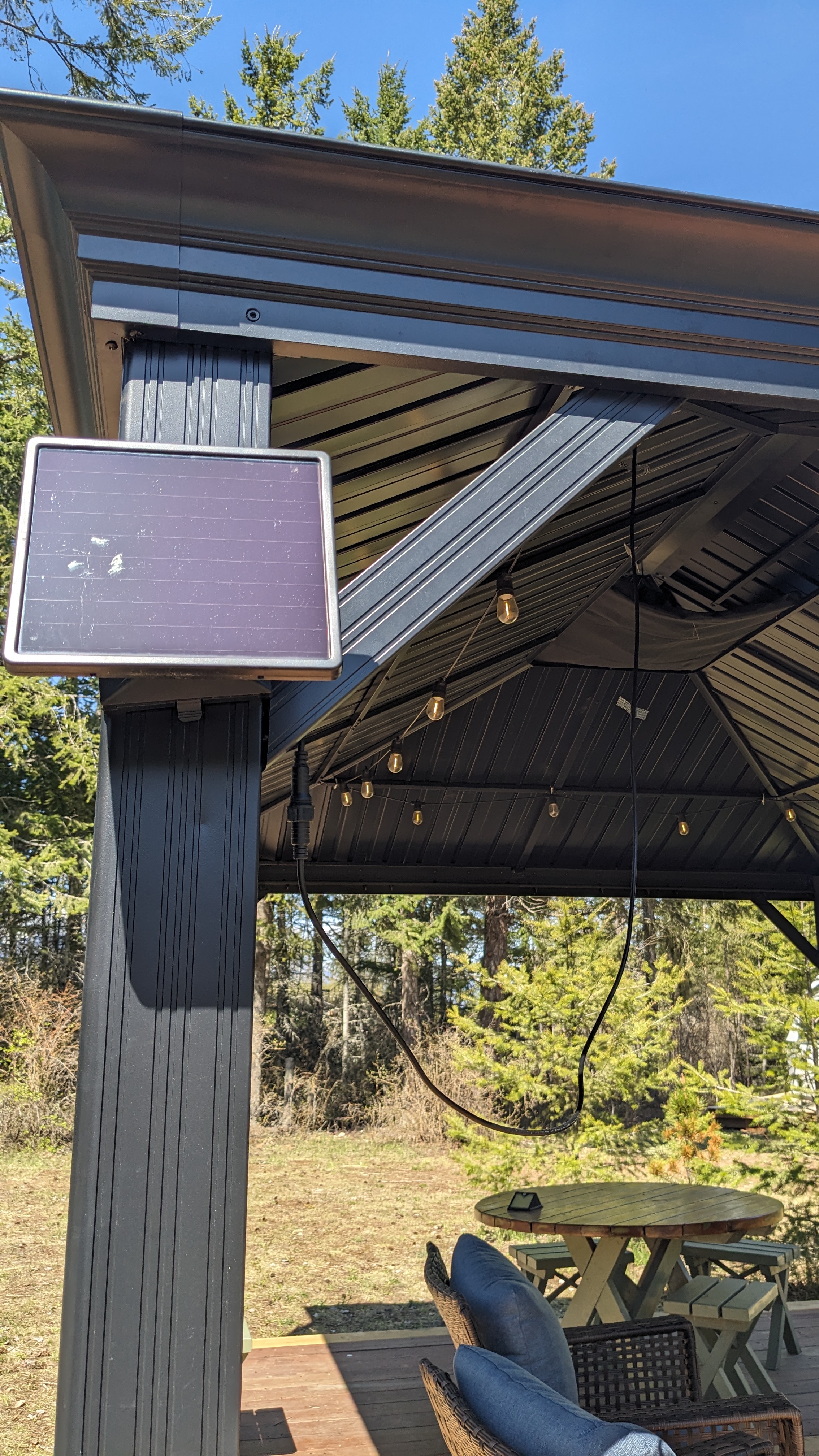 Solar panel on gazebo with switch to control gazebo lights